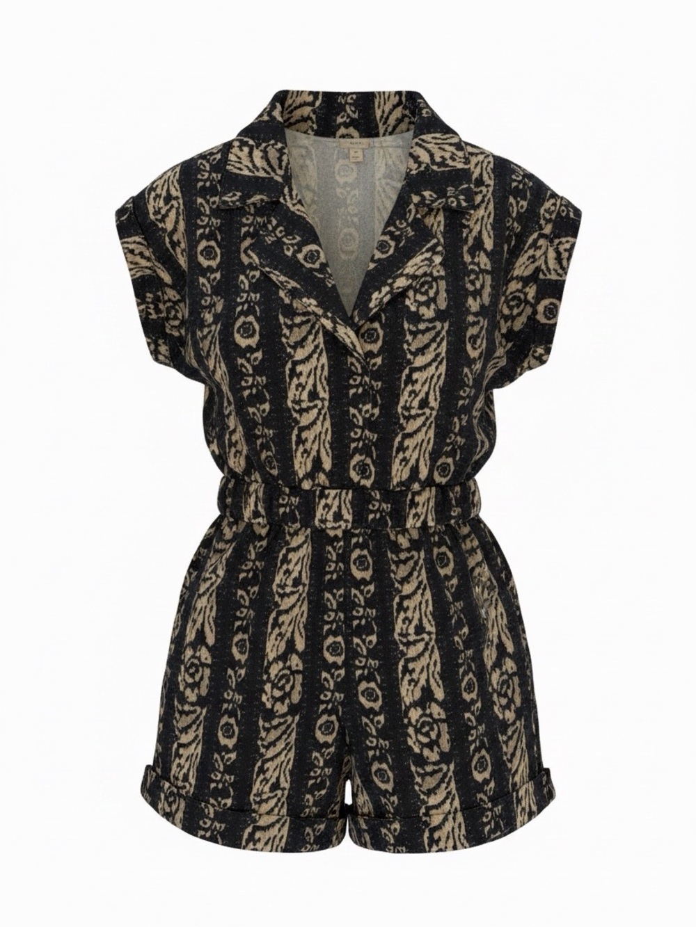 Short Sleeve Printed Romper in Navy and Beige